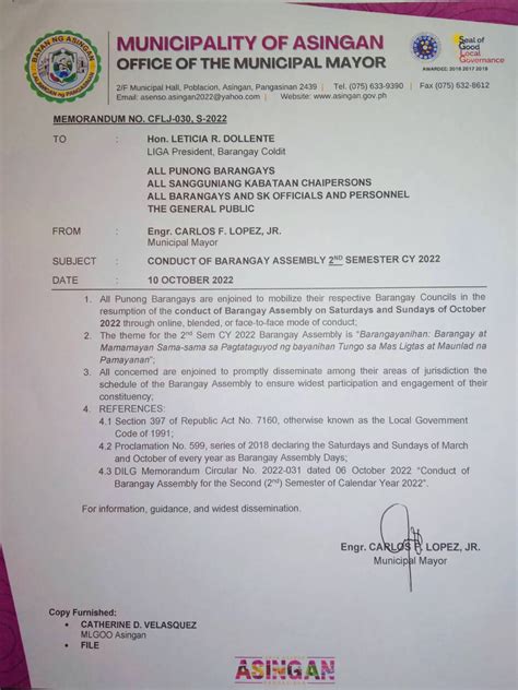 CONDUCT OF BARANGAY ASSEMBLY 2ND SEMESTER CY 2022 | Official LGU ...