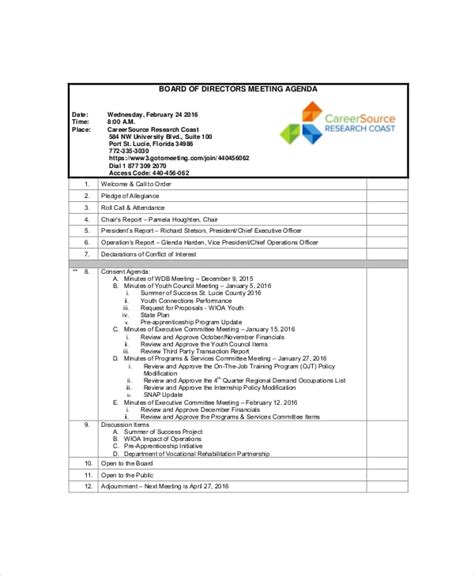 Board Of Directors Meeting Agenda Template Database