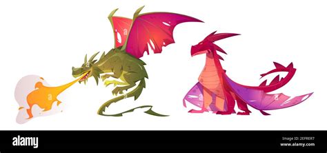 Fairy tale dragons, magic creature with tail and wings. Vector cartoon illustration of fire ...