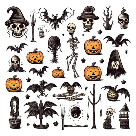 Doodle Set Of Halloween Elements Coffin Skull Raven Witchs Cauldron Pumpkin Spider Web Ghost ...