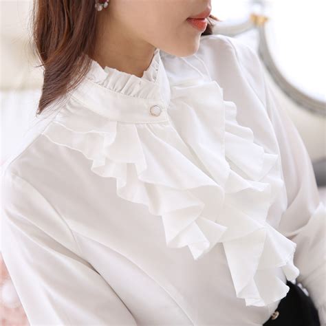 Womens Blouses & Shirts Online Sale Stand Ruffled Collar Tops Women Formal Long Sleeve Slim ...