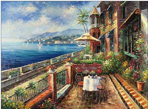 Mediterranean oil painting,Mediterranean Walkway to the Sea 2