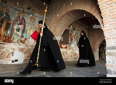 Eastern Orthodox monks by the Church of the Protaton in Karyes at Mount ...