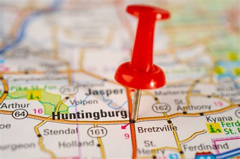 Premium Photo | Huntingburg, indiana, road map with red pushpin, city in the united states of ...