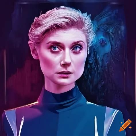Young elizabeth debicki as a tragic queen in a vibrant tube reminiscent of star wars poster art ...