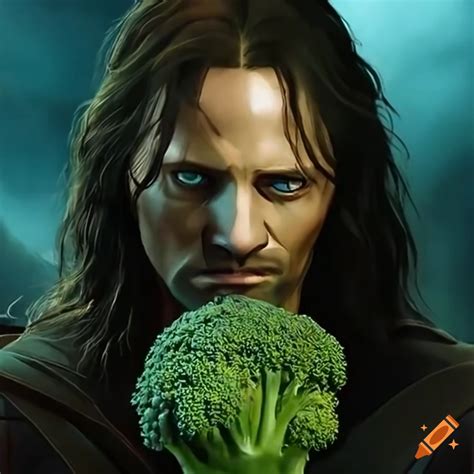 Aragorn with a stalk of broccoli looking sad