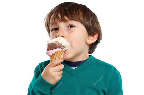 Premium Photo | Ice cream scoop cone eating boy child kid summer isolated on white