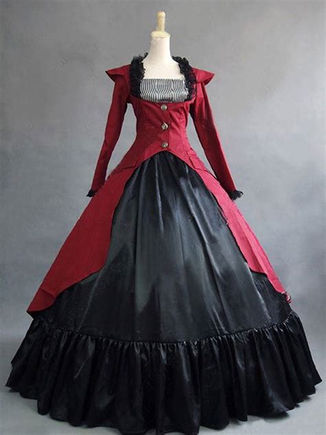 Victorian Dress Costume Long Sleeves Red Ball Gown Women's Ruffle Button Victorian Era Clothing ...