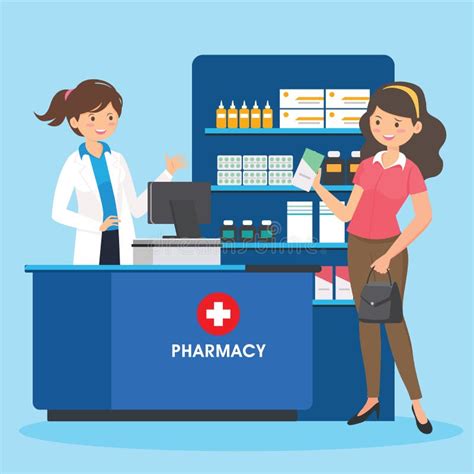 Pharmacy With Doctor And Nurse In Counter Stock Illustration - Illustration of sale, design ...