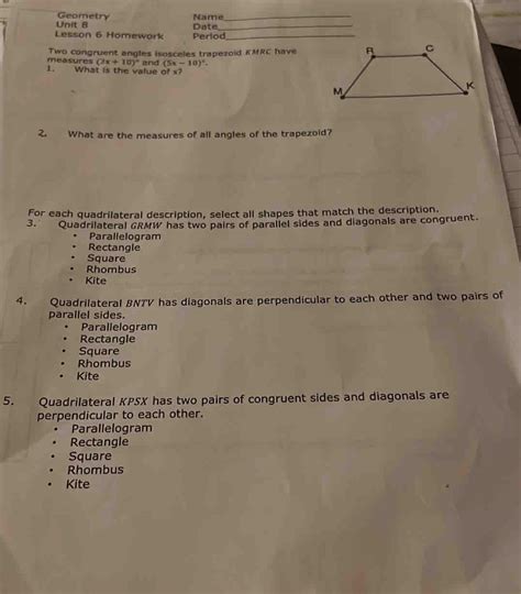 Solved: Geometry Name_ Unit 8 Date_ Lesson 6 Homework Perlod_ Two congruent angles isosceles ...