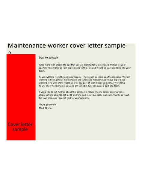 Building Maintenance Worker Cover Letter ~ Resume Letter