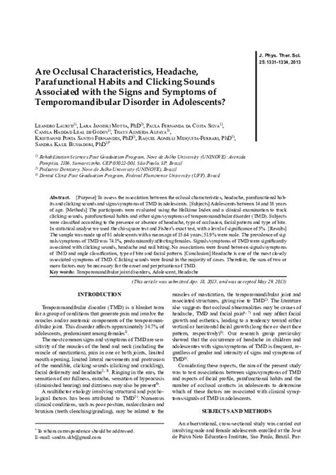 (PDF) Are Occlusal Characteristics, Headache, Parafunctional Habits and Clicking Sounds ...