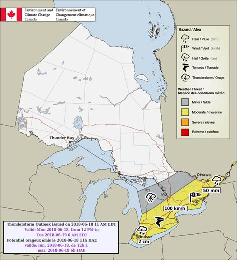 Environment Canada Includes Tornado Risk & 100km/h Wind Gusts in their Forecast Map (Mon, June ...