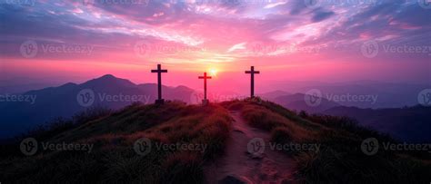 AI generated Crucifixion and Resurrection of Jesus at sunset. Three wooden crosses against ...