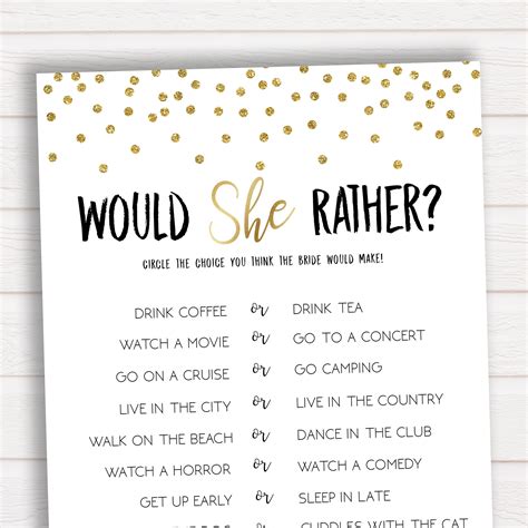 Bridal Shower Game Would She Rather, Bridal Shower Games, Gold Confetti ...