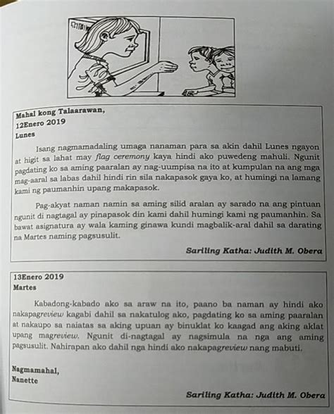 Mga Tanong:1. Sino ang sumulat ng talaarawan?2. Anong araw ang petsang 12 Enero 2019?3. Bakit ...