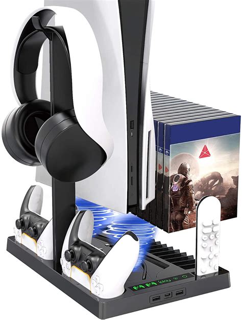 Vertical Stand with Headset Holder and Cooling Fan Base for PS5 Console ...