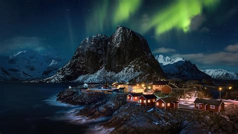 Aurora Northern Lights Lofoten Norway Village 4K Nature HD desktop ...