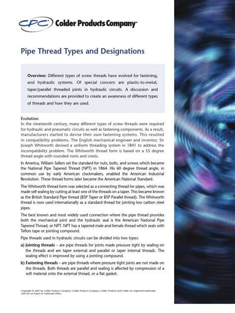 Pipe Thread Types and Designations | Pipe (Fluid Conveyance) | Screw