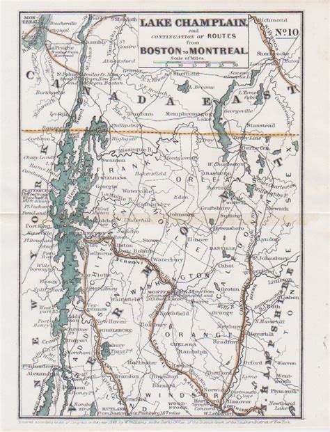 Lake Champlain New York Vermont New Hampshire Montreal Railroad 1848 Map H/Color