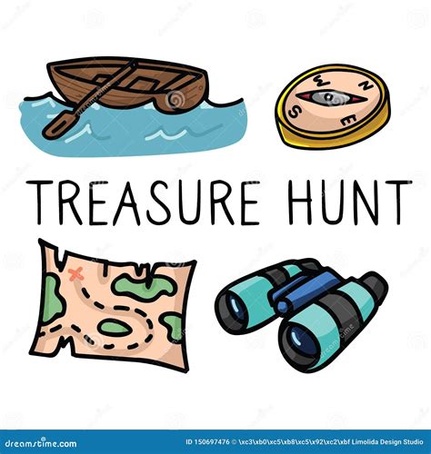 Cute Treasure Hunt Cartoon Vector Illustration Motif Set. Hand Drawn ...