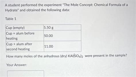 Solved A student performed the experiment "The Mole Concept: | Chegg.com