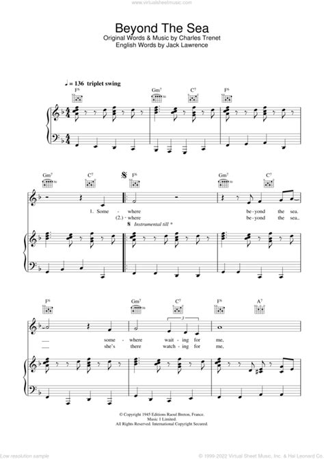 Beyond The Sea sheet music for voice, piano or guitar (PDF)