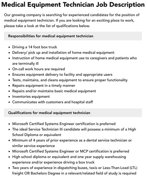 Medical Equipment Technician Job Description | Velvet Jobs