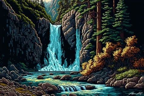 Stunning Mountain Waterfalls Pixel Art Graphic by Alone Art · Creative ...