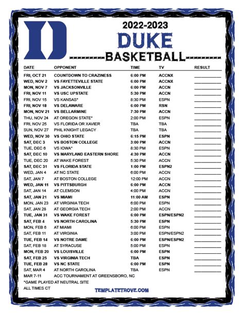 Duke Basketball Schedule Printable