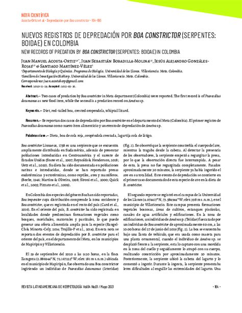 (PDF) NUEVOS REGISTROS DE DEPREDACIÓN POR Boa constrictor (SERPENTES: BOIDAE) EN COLOMBIA | JUAN ...