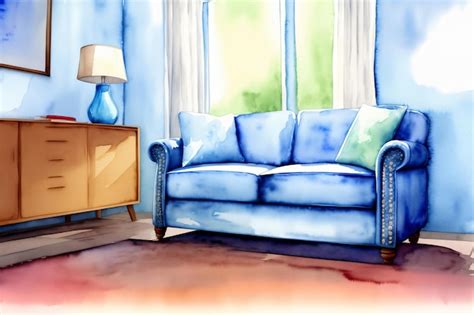 Premium AI Image | A Watercolor Painting Of A Blue Couch In A Living Room