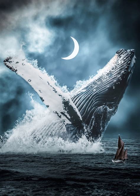 Giant Blue Whale and Red Boat in Ocean | Posters, Art Prints, Wall ...