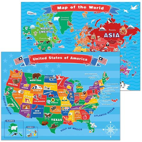 World Map and United States Map for Kids,Wall Maps of US and World, 18 x 24inch Laminated World ...
