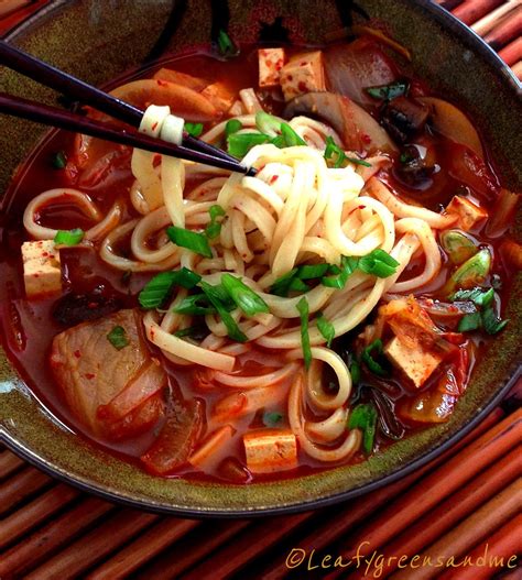 Spicy Korean Kimchi & Tofu Noodle Soup | Leafy Greens and Me