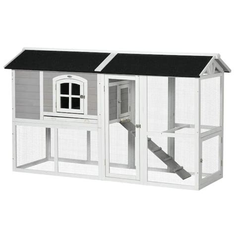 PawHut Wooden Chicken Coop with Run for 3 - 4 Chickens, Light Gray D51 ...