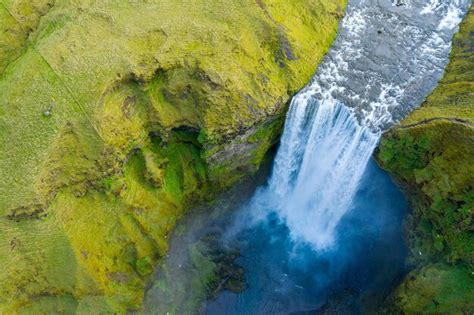 Premium Photo | Aerial drone view of skogafoss waterfall iceland