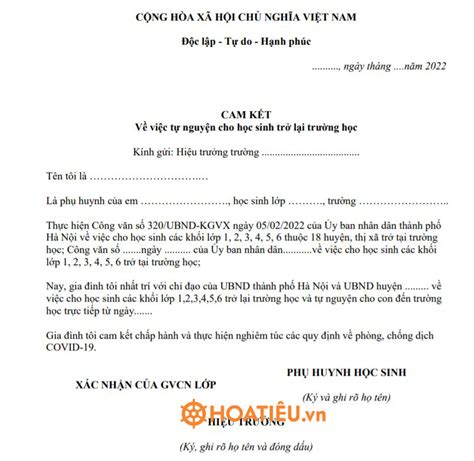 Bản cam kết về việc tự nguyện cho học sinh trở lại trường học 2022