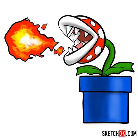 Step-by-step drawing guide of Fire Piranha Plant throwing a fireball ...