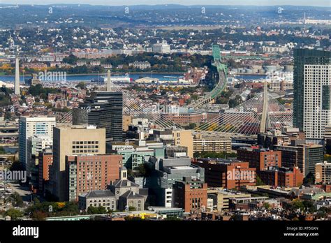 Aerial view including Leonard P Zakim Bunker Hill Memorial Bridge, a ...