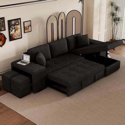 Charcoal Grey L-Shape Sectional Sleeper Sofa Sets w/ Chaise & 2 Stools ...