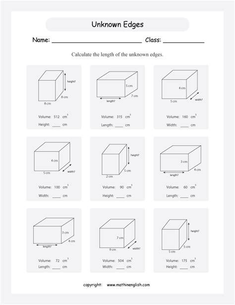 Find the unknown edges, height, length or width given the volume of these cuboids! Excellent ...