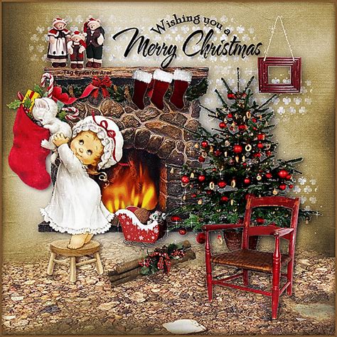 a christmas card with a teddy bear near a fireplace