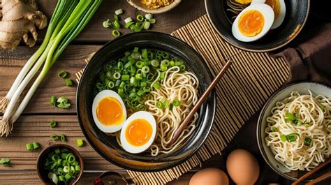 Premium Photo | Japanese Tonkotsu Ramen Ingredients on Bamboo Mat