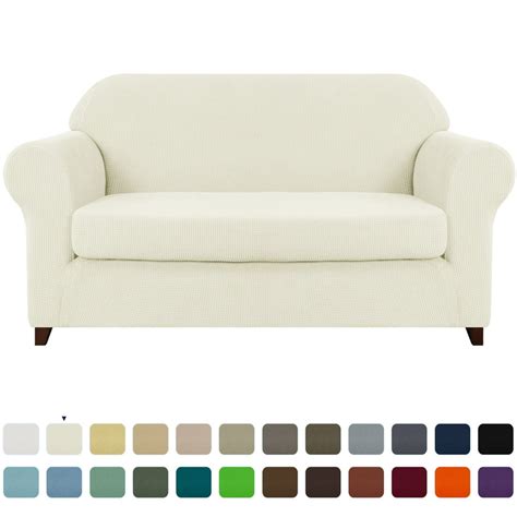 Subrtex Stretch 2-Piece Textured Grid Sofa Slipcover Jacquard Non Slip Couch Cover (Ivory ...