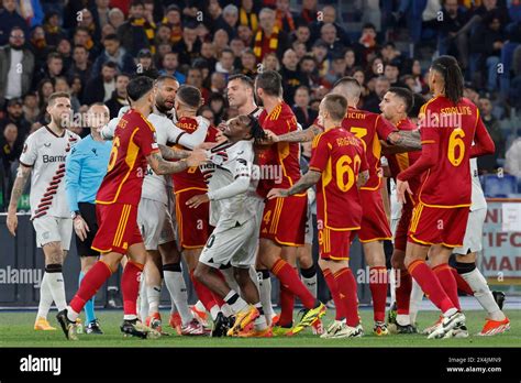 Rome, Italy, May 2, 2024. Roma and Bayer Leverkusen players argue during their UEFA Europa ...