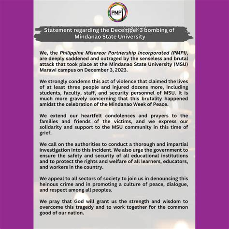 Statement Regarding the December 3 Bombing at the Mindanao State ...