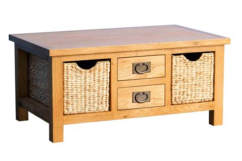 Buy Surrey Oak Coffee Table with Baskets & Storage Drawers | Traditional Rustic Waxed Solid ...