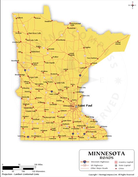 Minnesota Road Map with Interstate Highways and US Highways