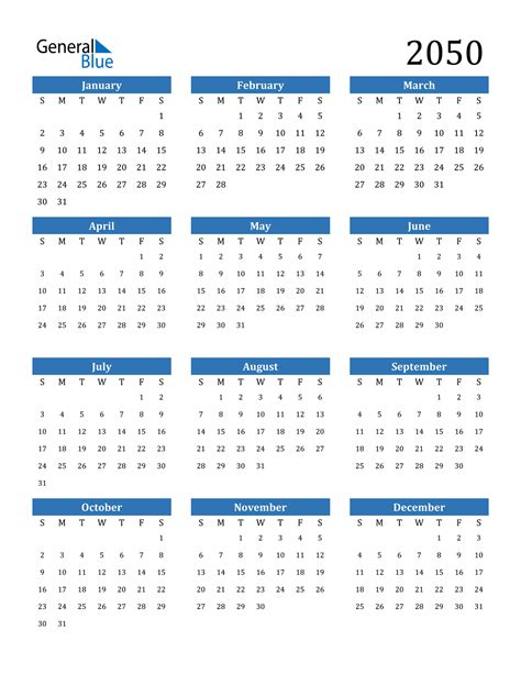 2050 Calendar (PDF, Word, Excel)